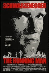 4g777 RUNNING MAN 1sh 1987 huge close up headshot of Arnold Schwarzenegger!