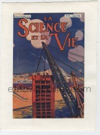 4h215 LA SCIENCE ET LA VIE linen French magazine cover Jan 1928 Soubie art of huge cranes in harbor!