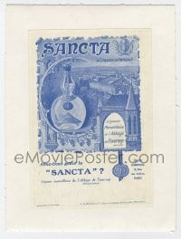4h229 SANCTA linen French wine label 1940s great art of wine bottle over abbey where it is made!
