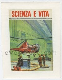 4h242 SCIENZA E VITA linen Italian 7x9 magazine cover Nov 1949 art of tank & helicopter in hangar!