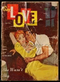 4h679 GAY LOVE magazine February 1959 great cover art of sexy redhead who wasn't shy!