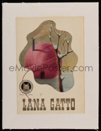 4h260 LANA GATTO linen Italian magazine ad 1930s wacky art of cat by yarn ball cottage in winter!