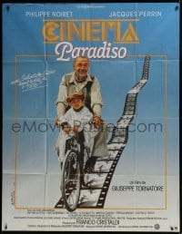 4j717 CINEMA PARADISO French 1p 1989 great image of Philippe Noiret & Salvatore Cascio on bike!