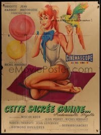 4j968 THAT NAUGHTY GIRL French 1p 1958 Hurel art of sexy Brigitte Bardot with balloons & parrot!