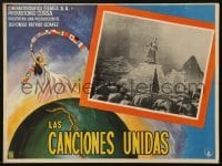 4j589 LAS CANCIONES UNIDAS Mexican LC 1960 world united by song, art of girl with ribbon of flags!