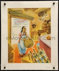 4j128 JUEVES DE EXCELSIOR linen Mexican magazine cover 1950s Freyre art of woman in liquor store!