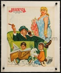 4j130 JUEVES DE EXCELSIOR linen Mexican magazine cover 1958 Freyre art of family & dad with phone!