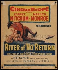 4j331 RIVER OF NO RETURN WC 1954 great artwork of Robert Mitchum holding down sexy Marilyn Monroe!