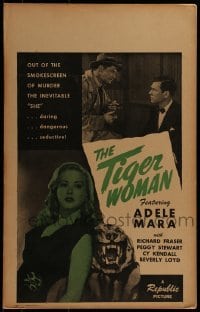 4j356 TIGER WOMAN WC 1945 Adele Mara, who is daring, dangerous & seductive stands by tiger head!