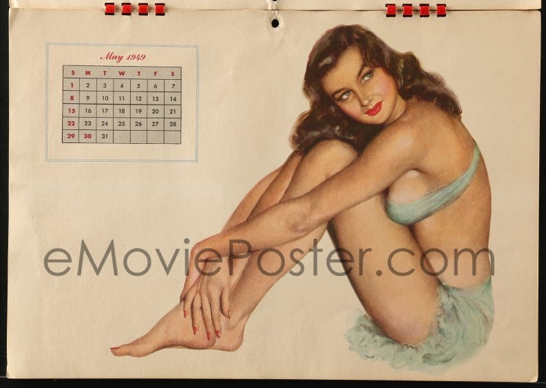 Pin Up Calendar Girl October 1949 Vintage Esquire Pin-up Brown Eyed Beauty with Jewels Al Moore Vintage Calendar Page