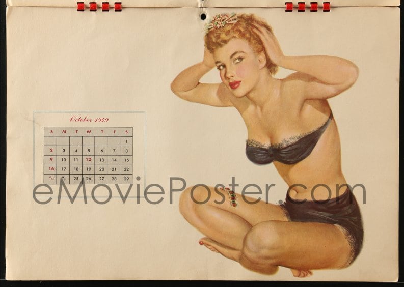 Pin Up Calendar Girl October 1949 Vintage Esquire Pin-up Brown Eyed Beauty with Jewels Al Moore Vintage Calendar Page