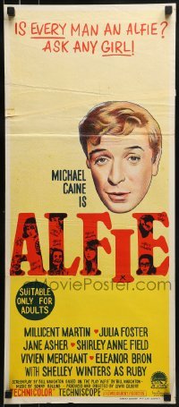 4k662 ALFIE Aust daybill 1966 British cad Michael Caine loves them and leaves them, ask any girl!