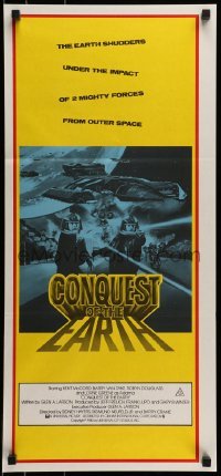 4k726 CONQUEST OF THE EARTH Aust daybill 1980 great image of wacky aliens terrorizing Hollywood!