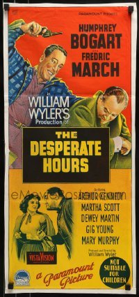 4k736 DESPERATE HOURS Aust daybill 1955 Humphrey Bogart attacks Fredric March from behind, William Wyler