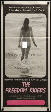 4k773 FREEDOM RIDERS Aust daybill 1972 completely naked Aussie surfer girl, black border design!