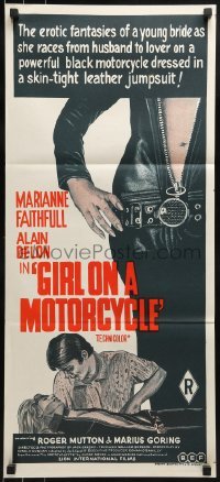 4k782 GIRL ON A MOTORCYCLE Aust daybill 1968 great images of sexy biker Marianne Faithfull & Delon!