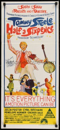 4k793 HALF A SIXPENCE Aust daybill 1967 art of smiling Tommy Steele with banjo, from H.G. Wells novel!