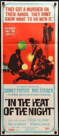 4k811 IN THE HEAT OF THE NIGHT Aust daybill 1967 Sidney Poitier, Rod Steiger, cool crime art!