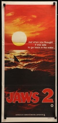4k815 JAWS 2 teaser Aust daybill 1978 classic art of man-eating shark's fin in red water at sunset!