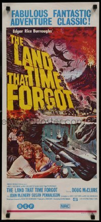 4k830 LAND THAT TIME FORGOT Aust daybill 1975 Edgar Rice Burroughs, cool Akimoto dinosaur art!
