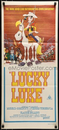 4k843 LUCKY LUKE Aust daybill 1971 Daisy Town, great western cartoon art of cowboy on horse!