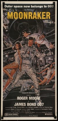 4k856 MOONRAKER Aust daybill 1979 Roger Moore as James Bond by Goozee, w/ border design!