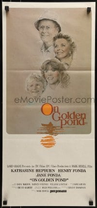 4k868 ON GOLDEN POND Aust daybill 1982 art of Hepburn, Henry Fonda, and Jane Fonda by C.D. de Mar