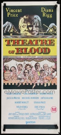 4k960 THEATRE OF BLOOD Aust daybill 1973 Vincent Price holding bloody skull w/dead audience!