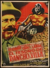 4k075 EL TESORO DE PANCHO VILLA Mexican poster 1954 art of masked wrestler & pile of gold by Diaz!