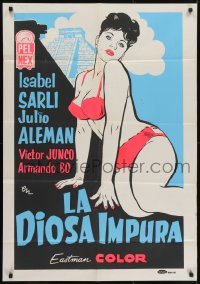 4k078 LA DIOSA IMPURA export Mexican poster 1963 artwork of sexy Isabel Sarli in front of Aztec temple!