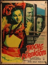4k084 NOCHE DE PERDICION Mexican poster 1951 Renau art of super Rosa Carmina with guy behind bars!