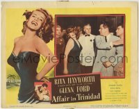 4p022 AFFAIR IN TRINIDAD LC 1952 close up of Glenn Ford slapping sexy Rita Hayworth!