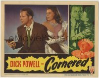 4p185 CORNERED LC 1946 scared Micheline Cheirel stands behind Dick Powell pointing gun!