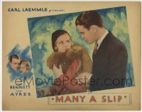 4p564 MANY A SLIP LC 1931 close up of Lew Ayres holding beautiful Joan Bennett wearing fur!
