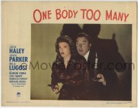 4p637 ONE BODY TOO MANY LC #2 1944 c/u of scared Jack Haley with candle & Jean Parker with gun!