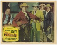 4p761 SANTA FE LC #4 1951 c/u of cowboy Randolph Scott standing by bar holding three men back!