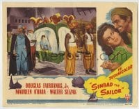 4p786 SINBAD THE SAILOR LC #4 1946 great image of guards carrying Maureen O'Hara by Fairbanks!