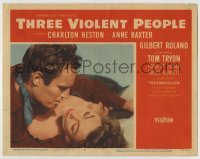 4p873 THREE VIOLENT PEOPLE LC #6 1956 romantic close up of sexy Anne Baxter & Charlton Heston!