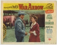 4p926 WAR ARROW LC #5 1954 worried Maureen O'Hara looks at Jeff Chandler inside fort!