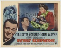 4p967 WITHOUT RESERVATIONS LC #4 R1953 close up of Claudette Colbert reading book to John Wayne!