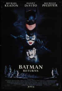 4r626 BATMAN RETURNS advance DS 1sh 1992 Burton, Keaton, cool white date design!