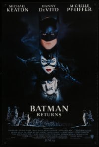 4r627 BATMAN RETURNS int'l advance 1sh 1992 Burton, Keaton, cool dark date design!