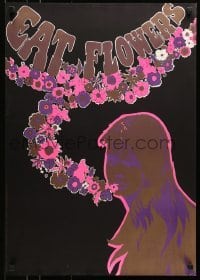 4r579 EAT FLOWERS 20x29 Dutch commercial poster 1960s psychedelic art of pretty woman & flowers!