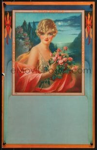 4r010 GENE PRESSLER calendar sample 1920s art of pretty woman holding flowers, Moonlight Charm!