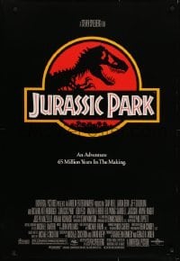 4r773 JURASSIC PARK DS 1sh 1993 Steven Spielberg, classic logo with T-Rex over red background