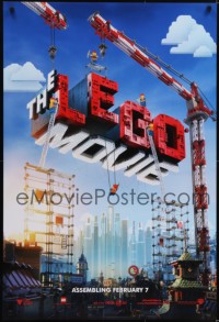 4r798 LEGO MOVIE teaser DS 1sh 2014 cool image of title assembled w/cranes & plastic blocks!