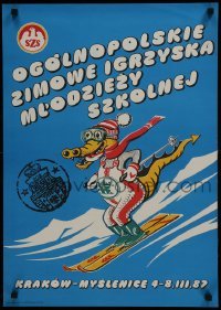 4r150 OGOLNOPOLSKIE ZIMOWE IGRZYSKA MLODZIEZY SZKOLNEJ Polish 19x27 1987 art of a skiing dragon!