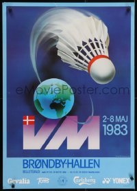 4r058 BWF WORLD CHAMPIONSHIPS 25x34 Danish advertising poster 1983 art of shuttlecock in orbit!