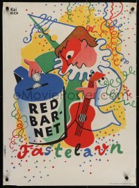 4r433 SAVE THE CHILDREN 25x34 Danish special poster 1960s Kai Rich art of clown with guitar!