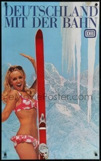4r121 GERMAN FEDERAL RAILWAY 24x39 German travel poster 1970 great image of sexy woman with skis!